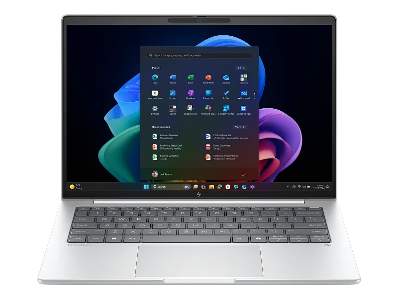 Machu_14N_Next Gen AI PC_Elitebook_GlacierSilver_StartMenu_No-CPicon_WhiteBG_FrontOpen_6822752.webp