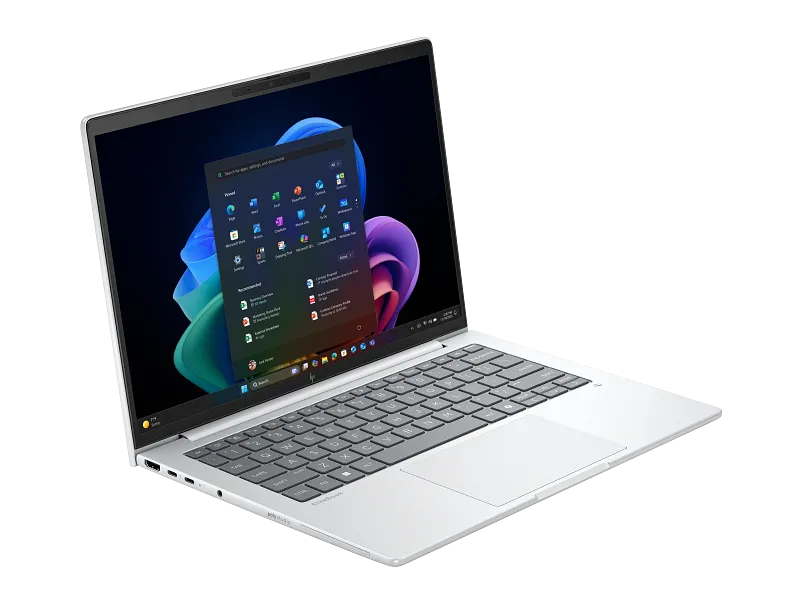 Machu_14N_Next Gen AI PC_Elitebook_GlacierSilver_StartMenu_No-CPicon_WhiteBG_FrontRightOpen_6823101.webp