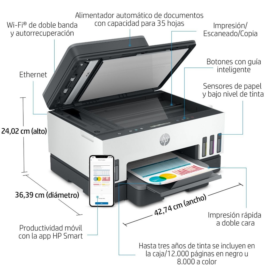 Impresora HP Smart Tank 750 Multifunción Color WIFI A4 ADF Dúplex