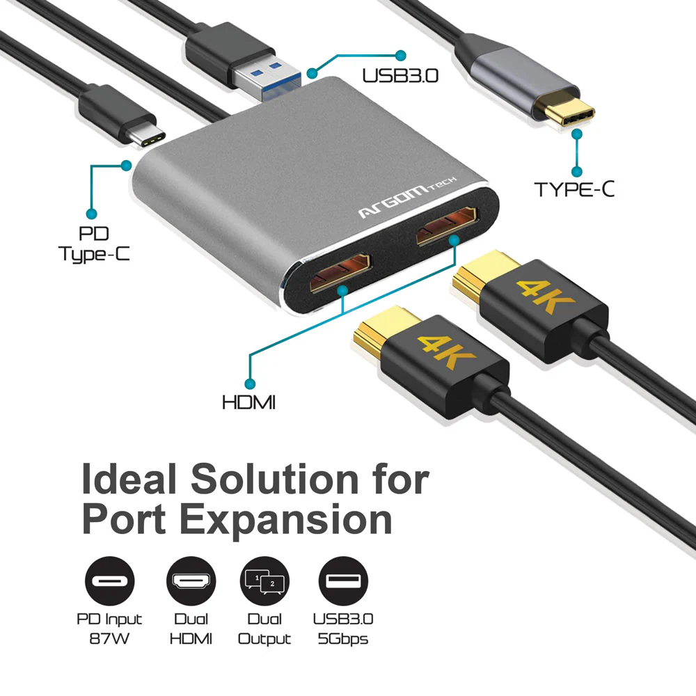 HUB ARGOM 3 puertos USB-C a HDMI/USB 3.0 y USB-C