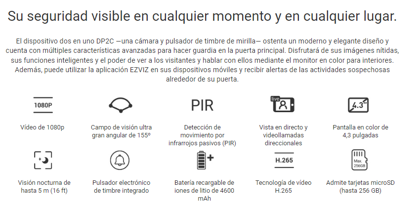 Video Portero con Mirilla(pantalla) EZVIZ Vision Nocturna, Timbre, Wifi 1080p