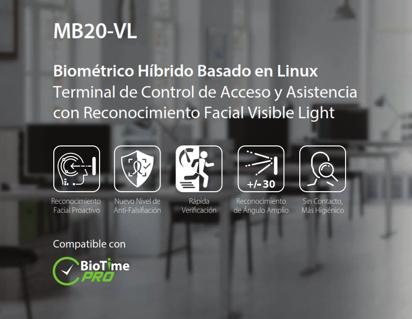 Control biométrico facial y huellas ZKTECO MB20-VL