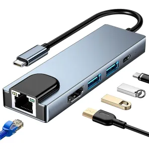 HUB TREQA Multipuertos USB-C 5 EN 1 A USB-C 2USB-3.0 ETHERNET HDMI 