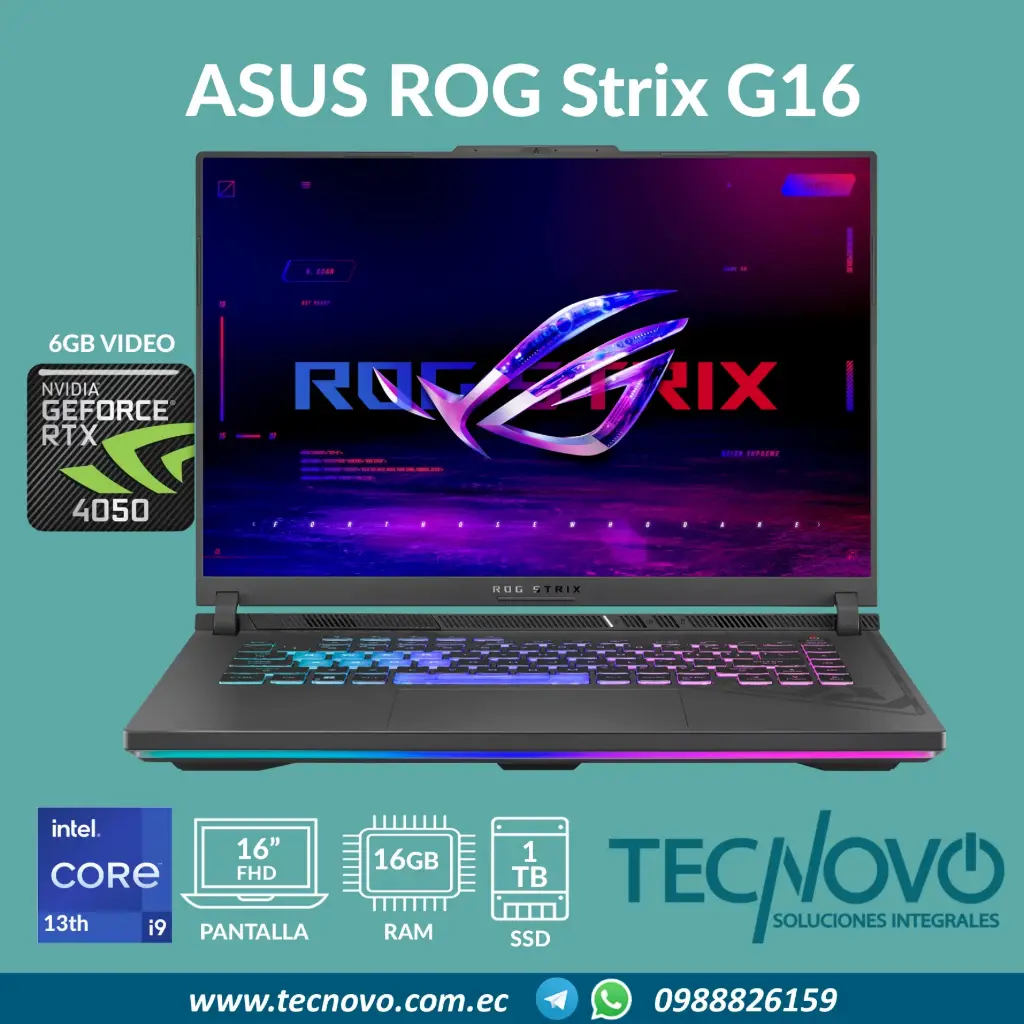 Laptop Asus ROG Strix G16 Intel Core I9-13980H 16GB 1TB SSD RTX-4050 6GB 16" FHD