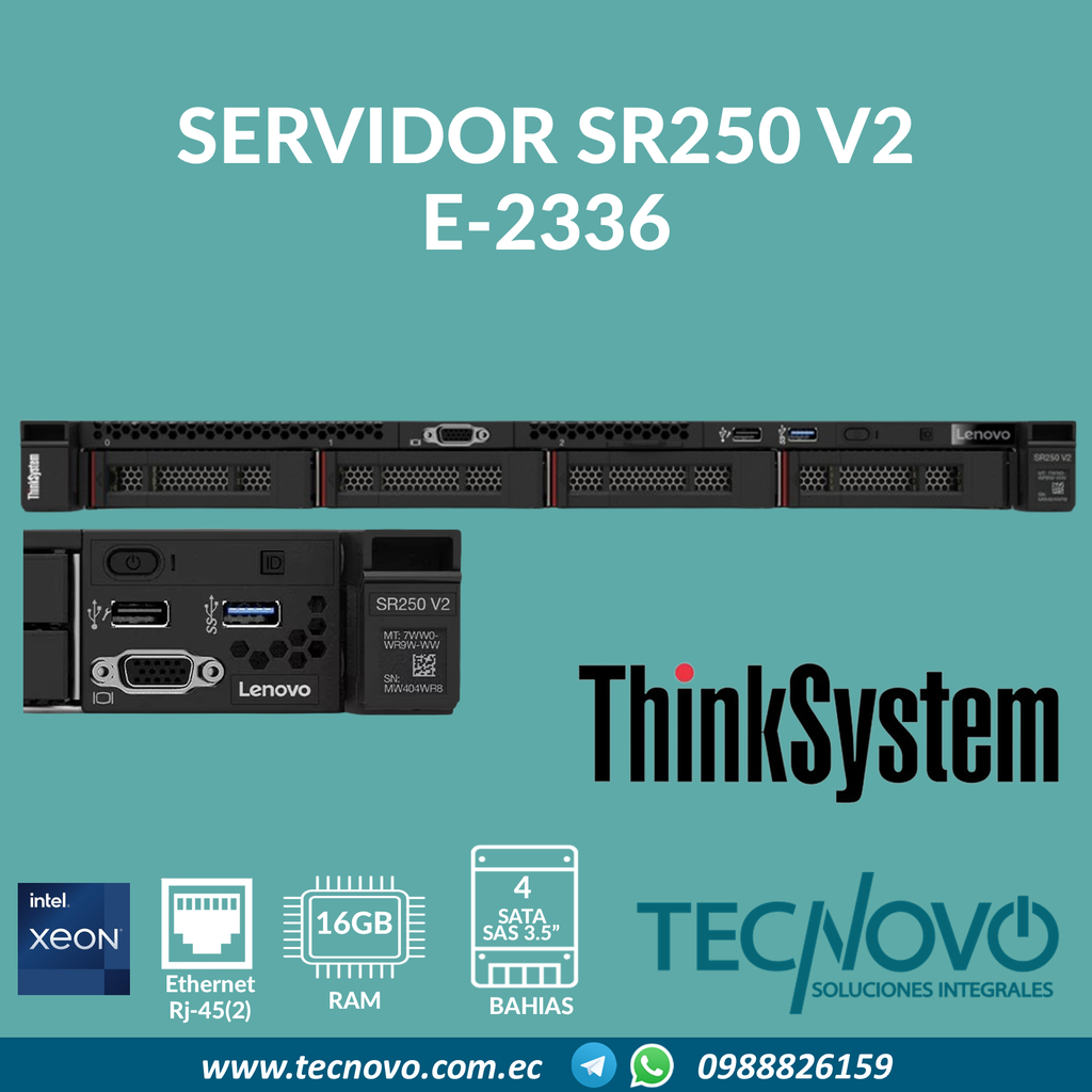 Servidor Lenovo ThinkSystem SR250 V2 E-2336 16GB 2x4TB SATA