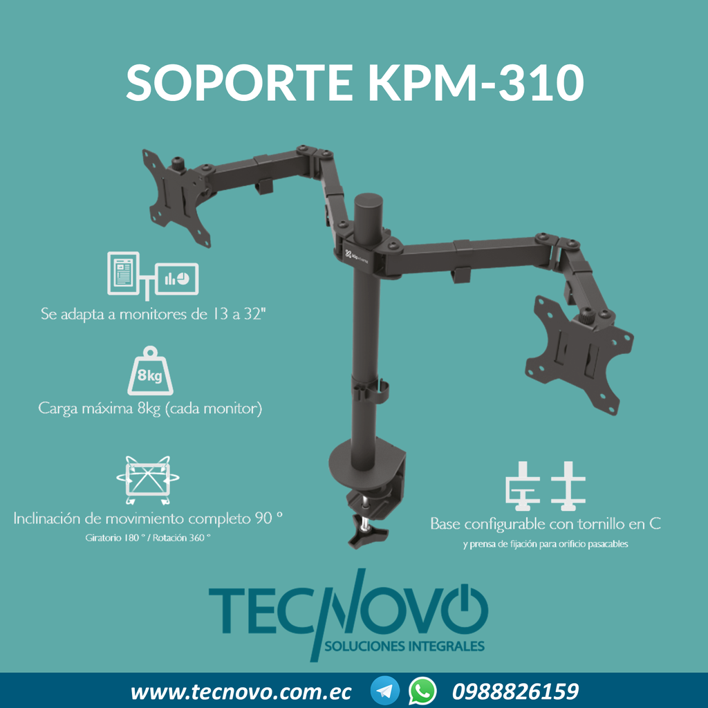 Soporte de monitor KLIP XTREME KPM-310 dual montaje escritorio