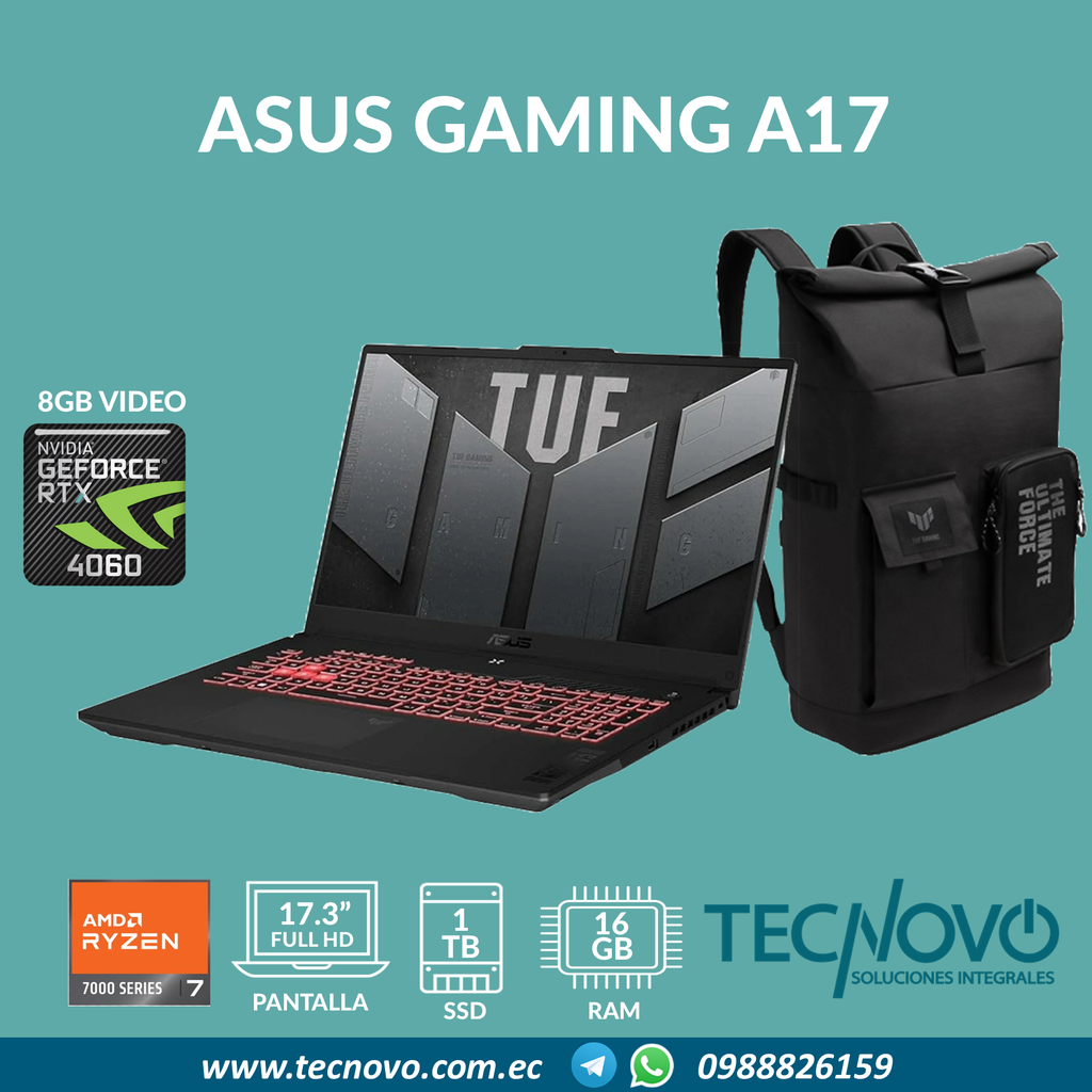 Laptop ASUS TUF Gaming A17 Ryzen 7-7735HS 16GB 1TB SSD RTX-4060 8GB 17.3" FHD