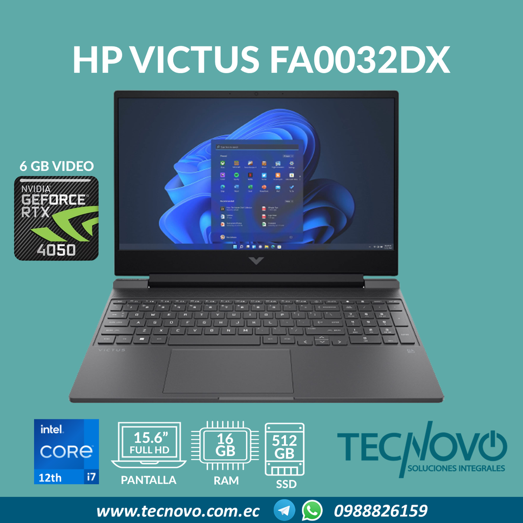 Laptop HP Victus 15-fa1163dx Intel Core I7-12650H 16GB 512GB SSD VID RTX-4050 6GB 15.6" FHD 144HZ