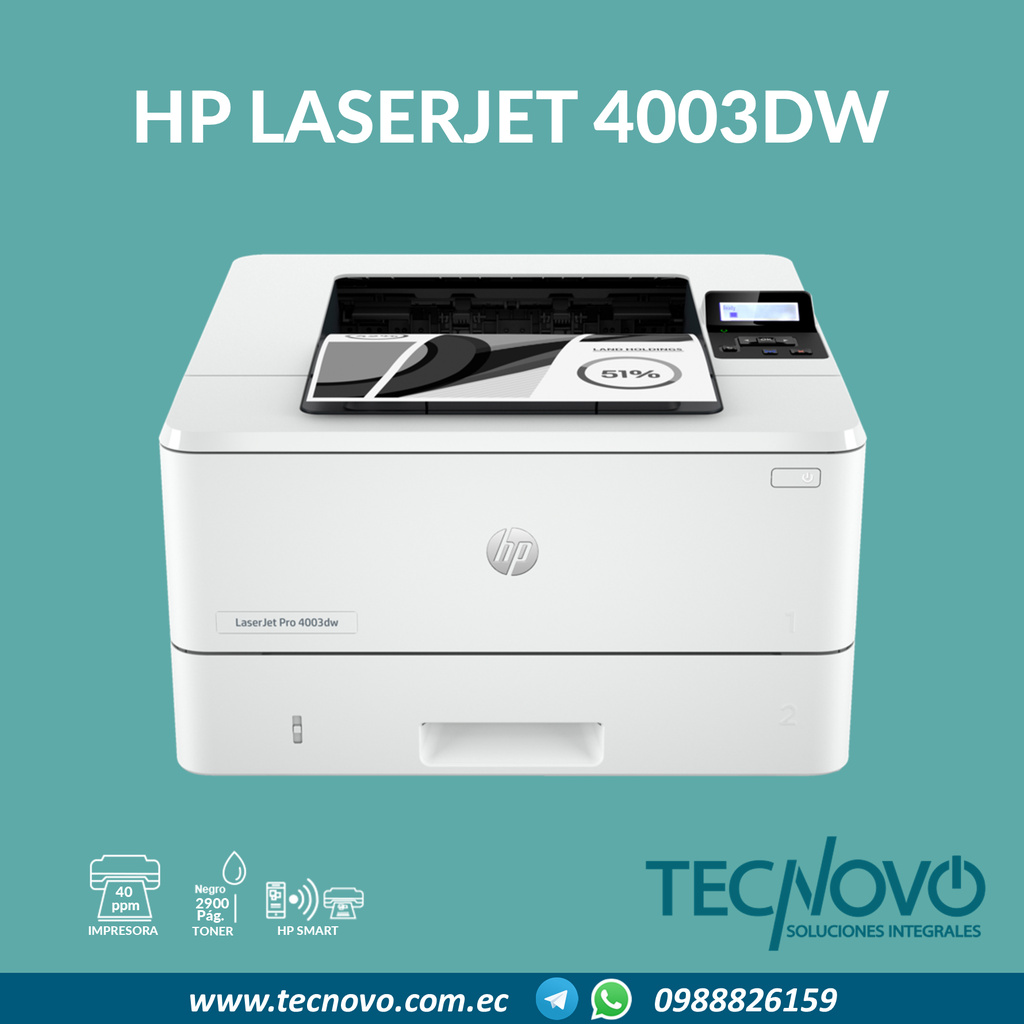Impresora HP Monocromática LaserJet Pro 4003dw Duplex Wifi
