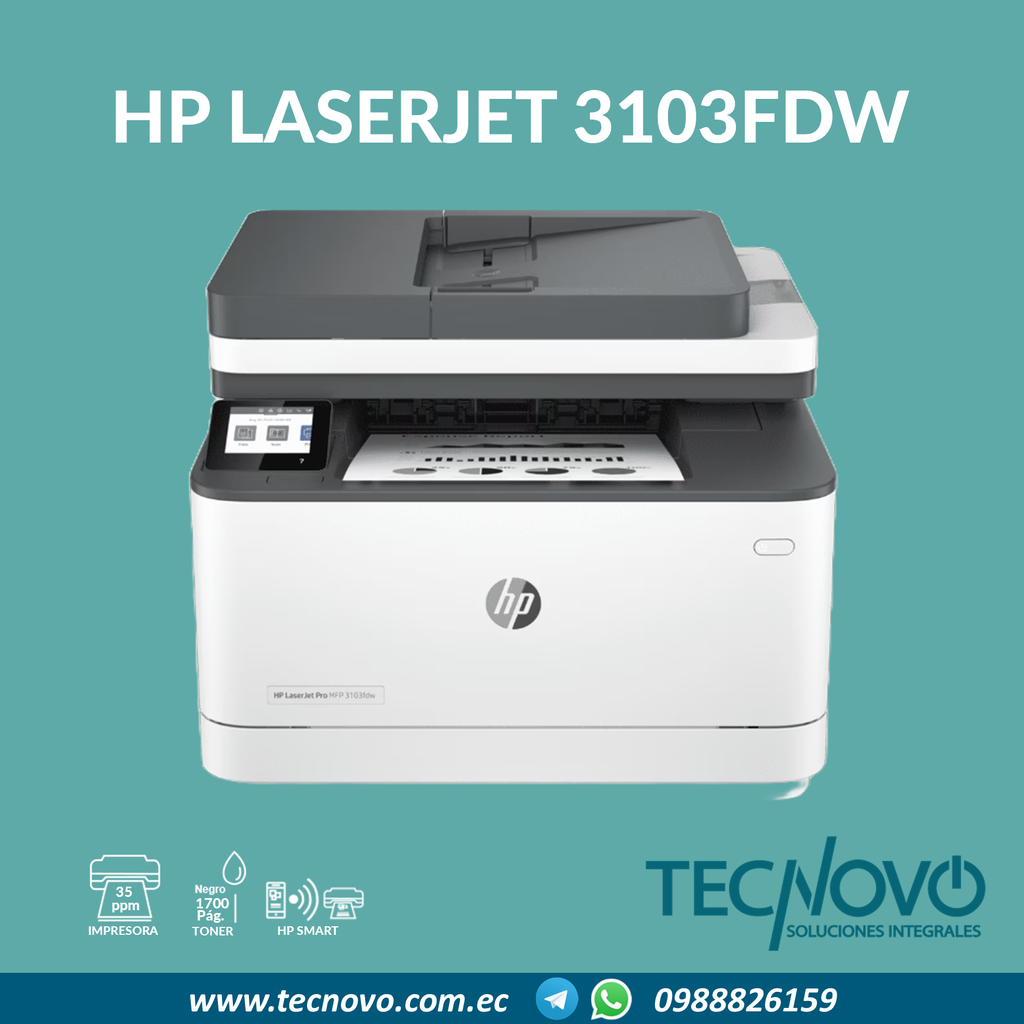 Impresora HP Monocromática LaserJet Pro 3103FDW Multifunción, ADF, Dúplex, Wifi