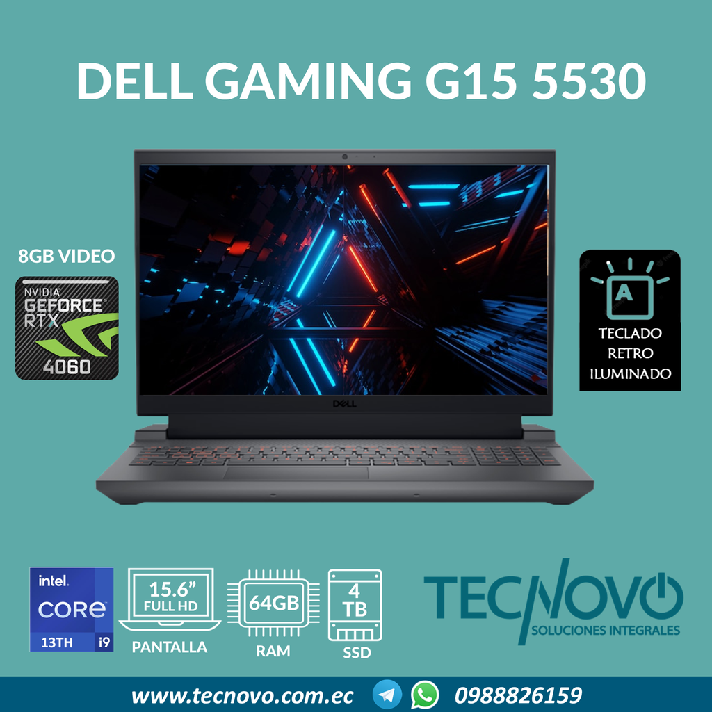 Laptop DELL Gaming G15 5530 I9-13900HX 64GB 4TB-SSD RTX-4060 8GB 15.6" FHD