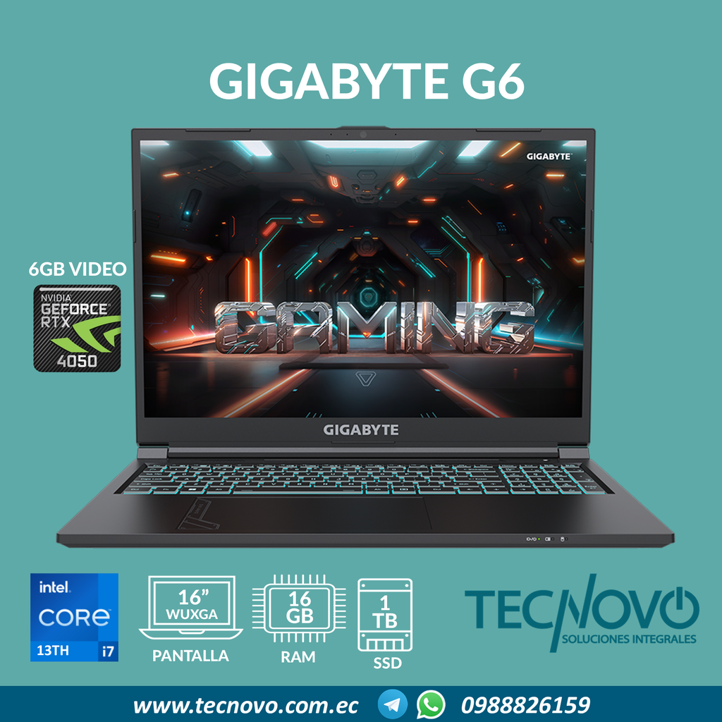 Laptop Gigabyte G6 I7-13620H 16GB 1TB SSD RTX-4050 6GB 16" FHD 165Hz