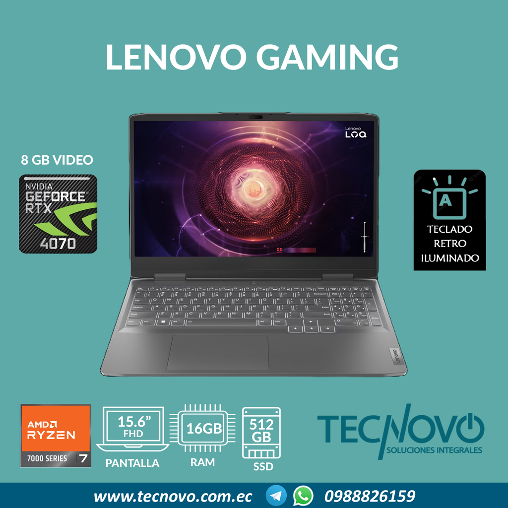 Laptop LENOVO LOQ 15 AMD RYZEN 7 7435HS 16GB 512GB-SSD RTX 4070 8GB 15.6" FHD 144Hz
