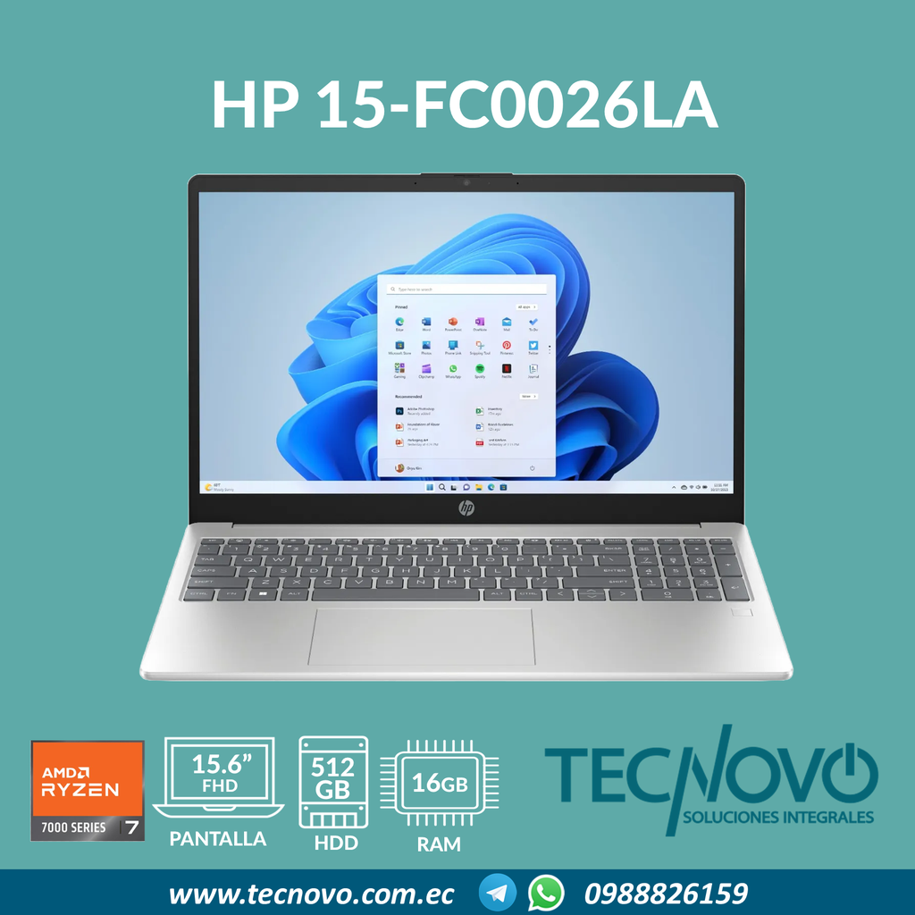 Laptop HP 15-fc0026la AMD Ryzen 7 7730U 16GB 512GB-SSD 15.6" MOCHILA + AURICULARES