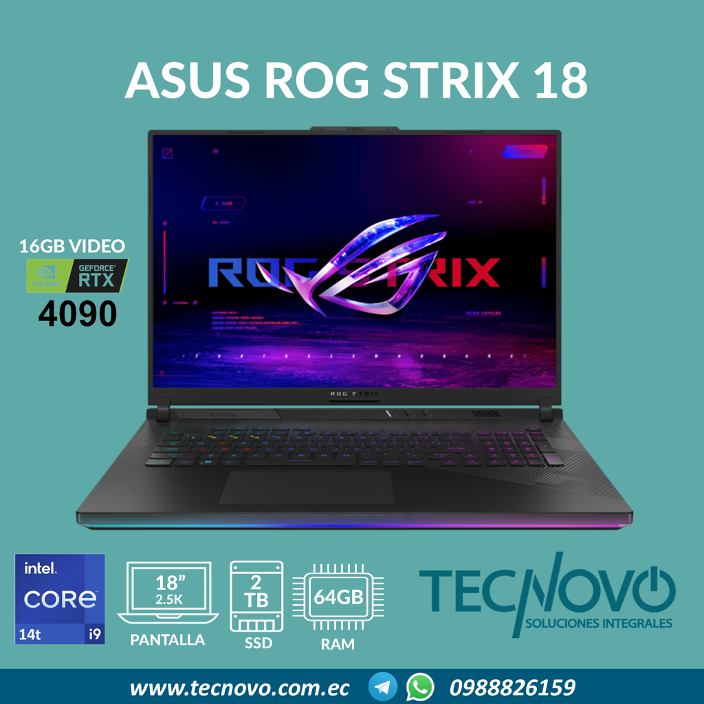Laptop Asus ROG Strix 18 I9-14900HX 64GB 2TB SSD RTX-4090 16GB 18" 2.5K + Mochila