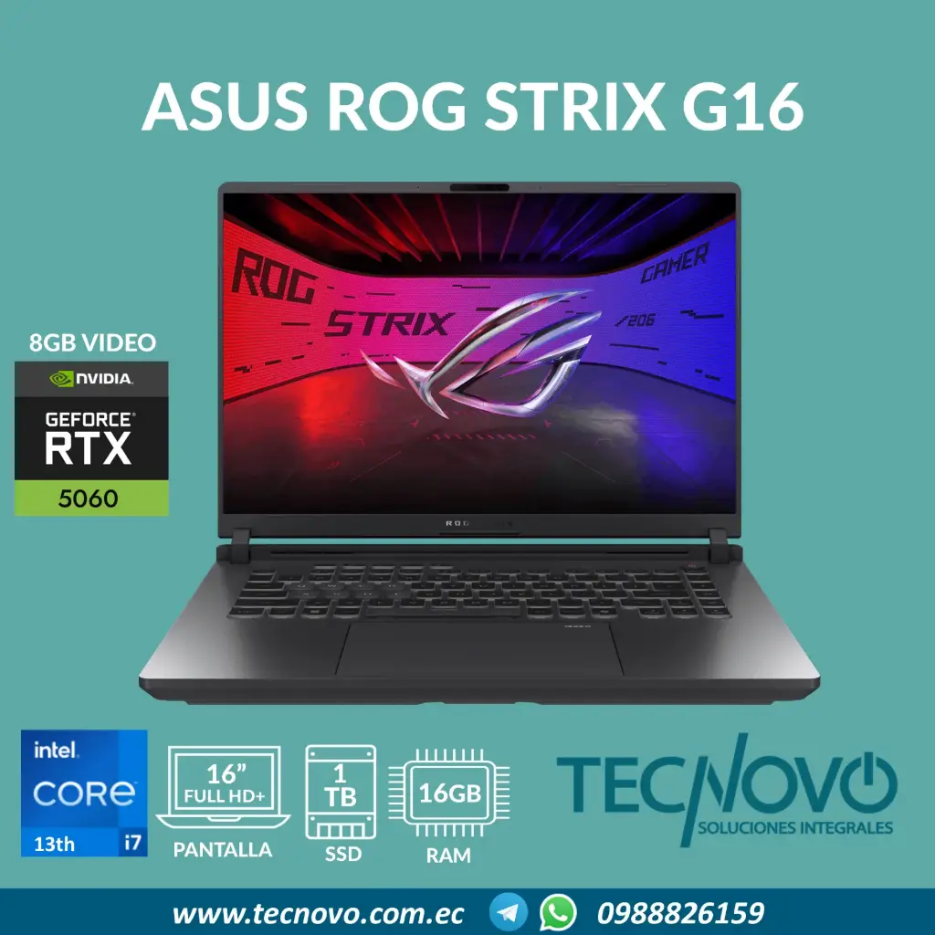 Laptop ASUS ROG Strix G16 I7-14650H 16GB 1TB SSD RTX-5060 8GB 16" FHD+ 165Hz