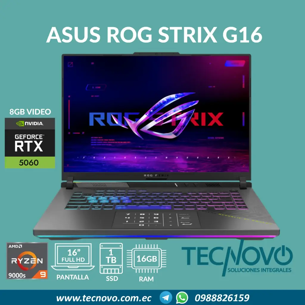 Laptop ASUS ROG Strix G16 AMD R9-9955HX 16GB 1TB SSD RTX-5060 8GB 16" 2.5K