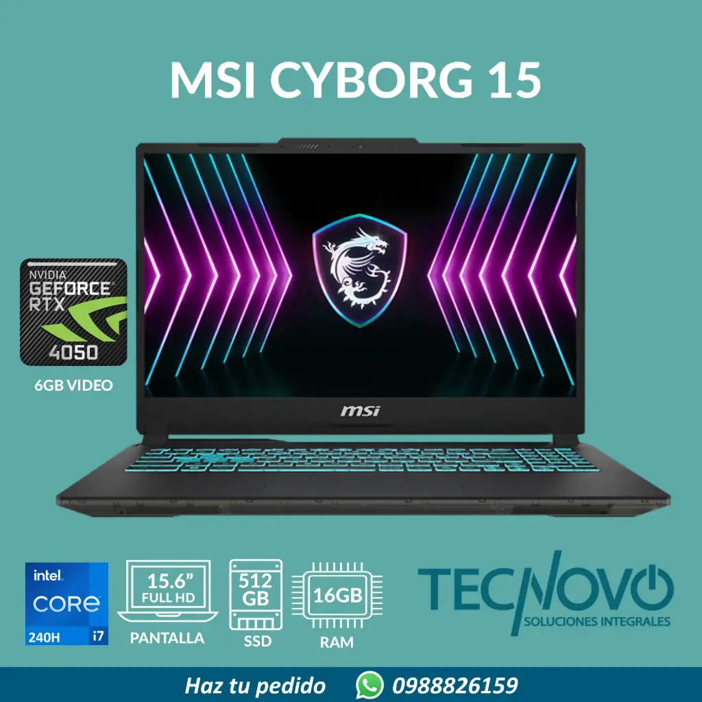 Laptop MSI Cyborg 15 A12VE Intel Core 7 240H 16GB DDR5 512GB-SSD RTX 4050-6GB 15,6" FHD 144Hz