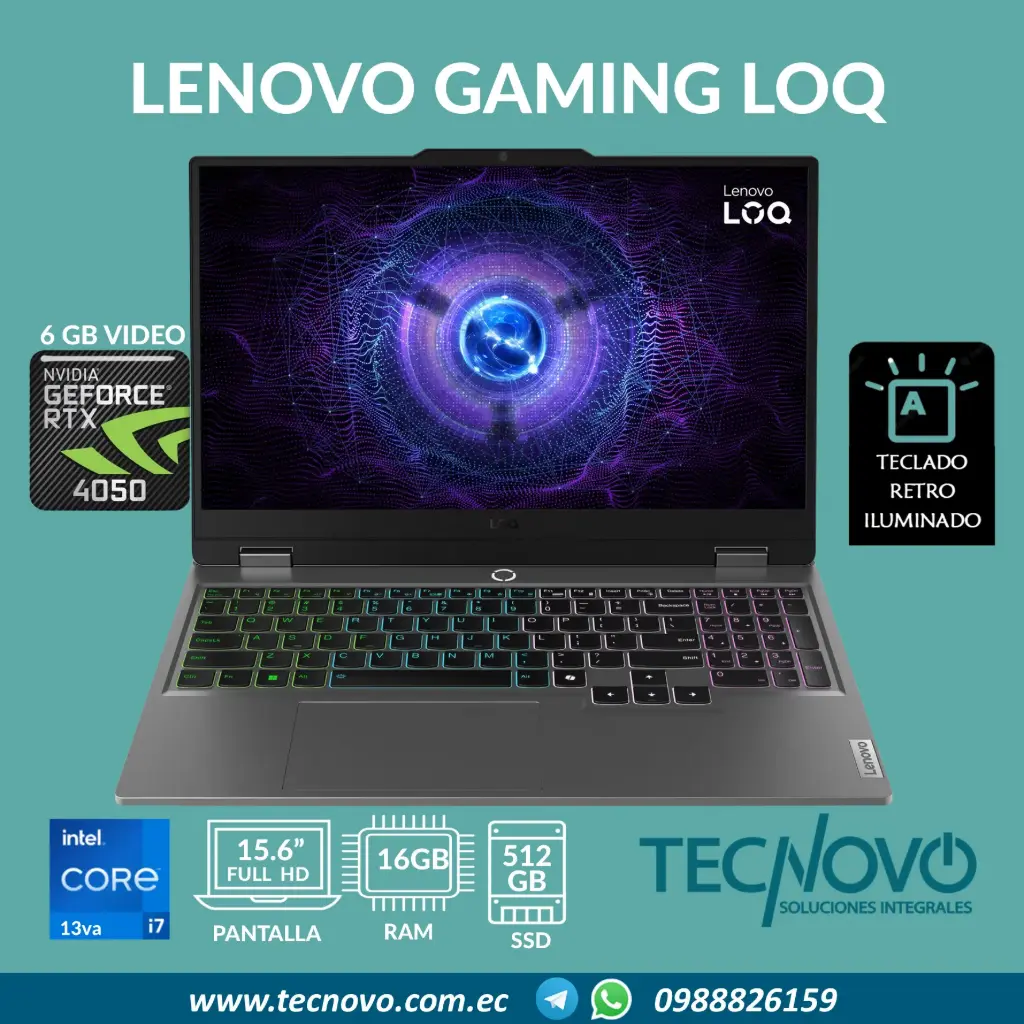Laptop LENOVO LOQ 15IRX9 Intel I7-13650HX 16GB 512GB-SSD RTX 4050 6GB 15.6" FHD 144Hz