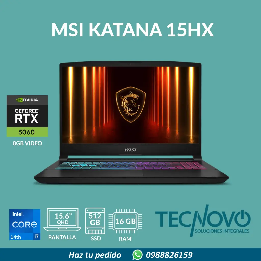 Laptop MSI Katana 15HX I7-14650HX 16GB 512GB-SSD RTX 5060-8GB 15.6" QHD 165Hz
