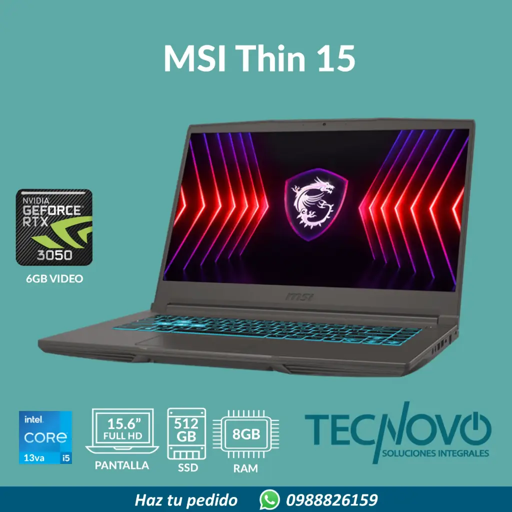 Laptop MSI Thin 15 Intel Core I5-13420H 8GB 512GB-SSD RTX 3050-6GB 15.6" FHD 144Hz 