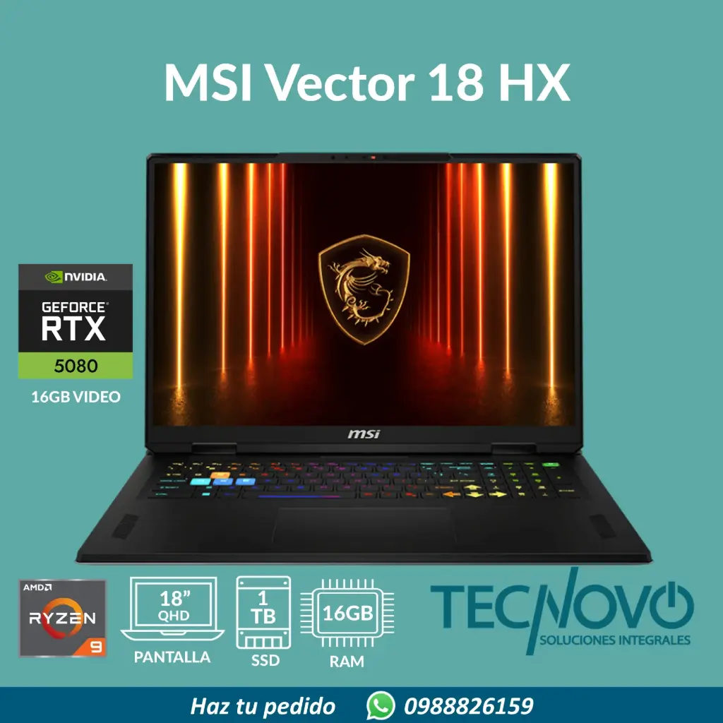 Laptop MSI Vector A18 HX AMD Ryzen 9-8940HX 16GB 1TB-SSD RTX 5080-16GB 18" QHD 240Hz