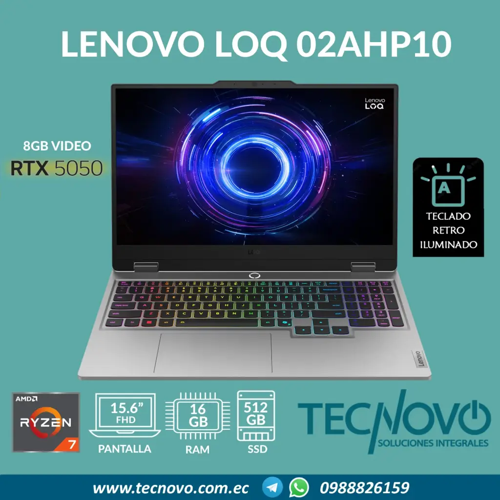 Laptop LENOVO LOQ 15AHP10 AMD Ryzen 7-250 16GB 512GB-SSD RTX 5050 8GB 15.6" FHD + Mouse