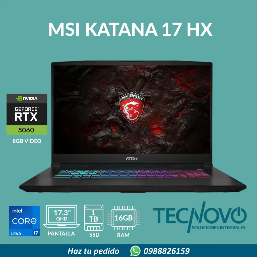 Laptop MSI Katana 17 HX I7-14650HX 16GB 1TB-SSD RTX 5060-8GB 17.3" QHD 240Hz