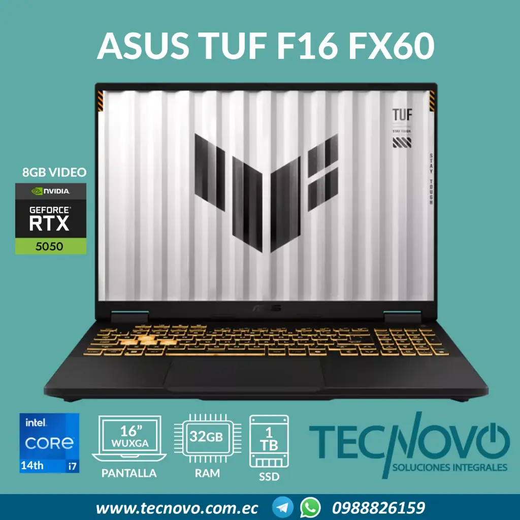 Laptop ASUS TUF Gaming F16 FX608JMR Intel Core I7-14650H 32GB 1TB-SSD RTX-5050 8GB 16" WUXGA 165Hz