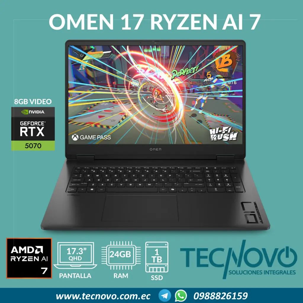 Laptop HP OMEN 17-db1000la AMD Ryzen AI 7-350 24GB 1TB SSD RTX 5070 8GB 17.3" FHD