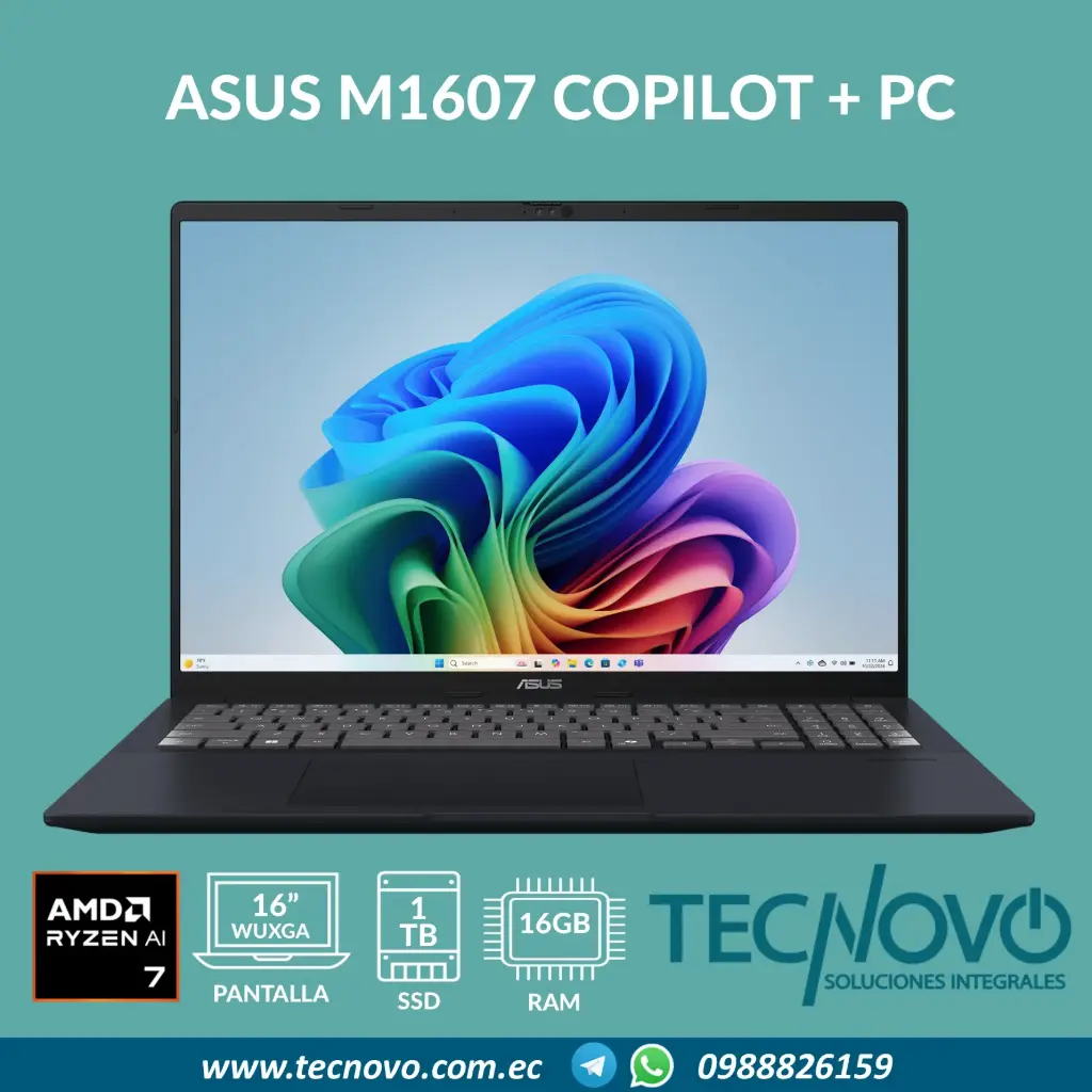 Laptop ASUS VivoBook M1607 AMD Ryzen AI 7 350 16GB 1TB SSD 16" WUXGA COPILOT + PC (NPU 50 TOPS) + MOCHILA