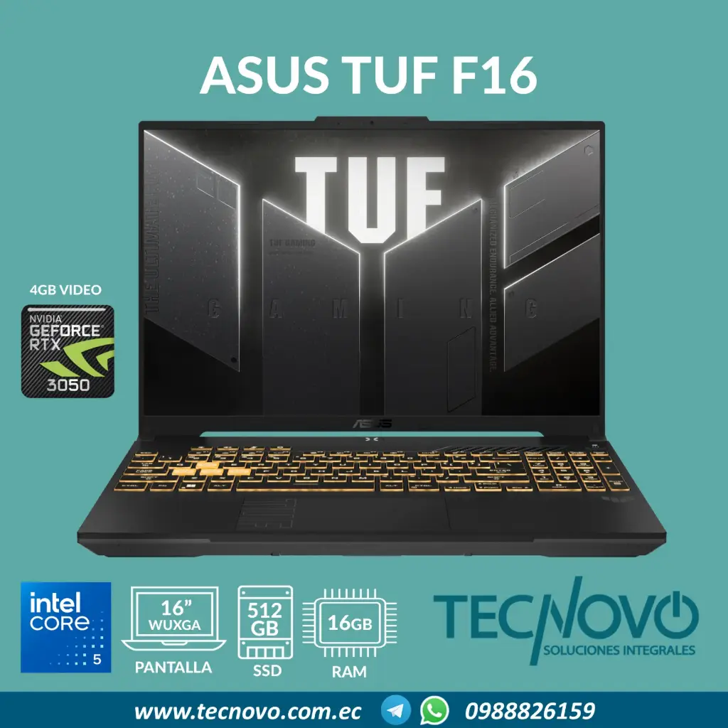 Laptop ASUS TUF Gaming F16 FX607VJ Intel Core 5-210H 16GB 512GB-SSD RTX 3050 4GB 16" FHD 144Hz + MOCHILA