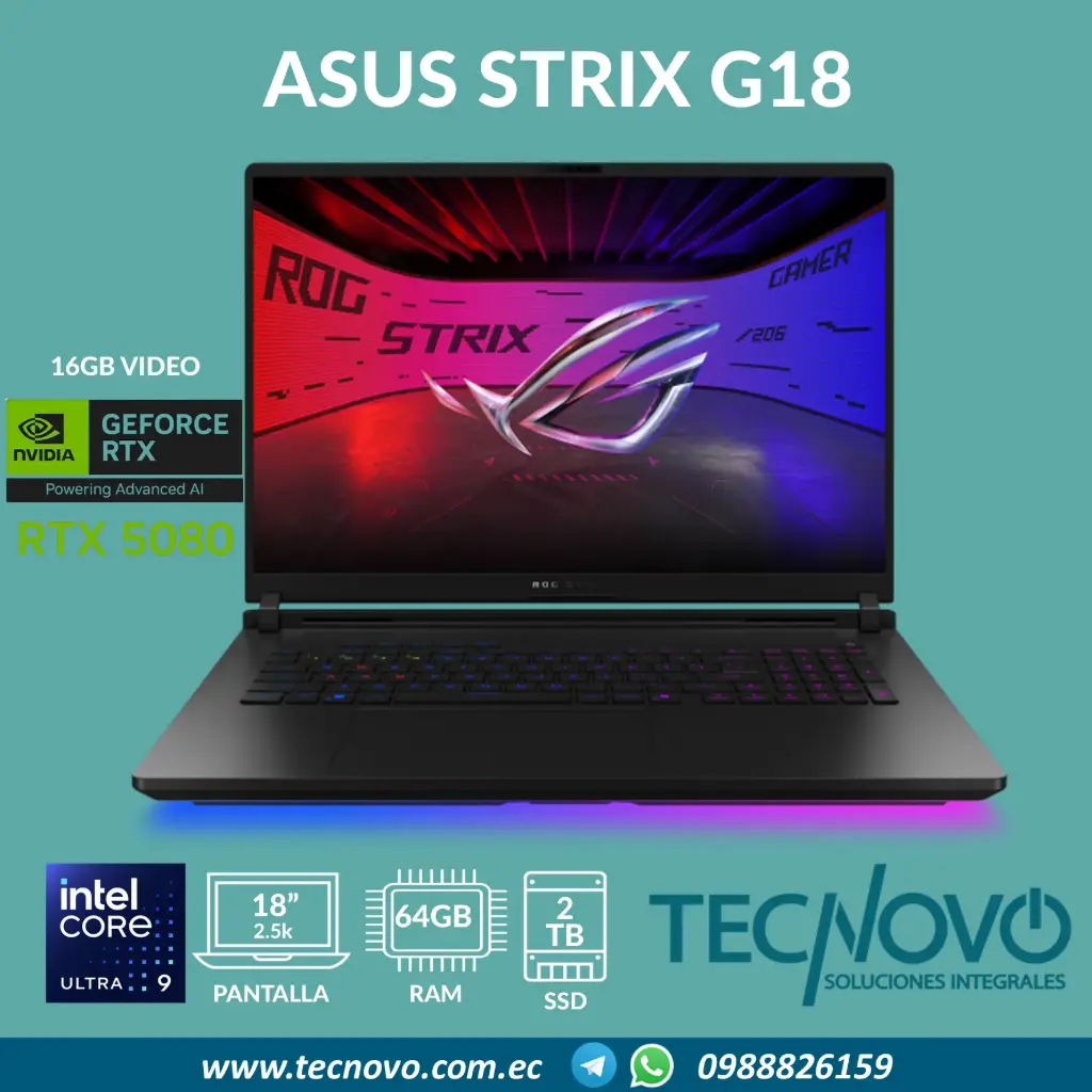 Laptop Asus ROG Strix Scar G18 Intel Core Ultra 9-275HX 64GB 2TB SSD RTX-5080 16GB 18" 2.5K 240Hz + Mochila