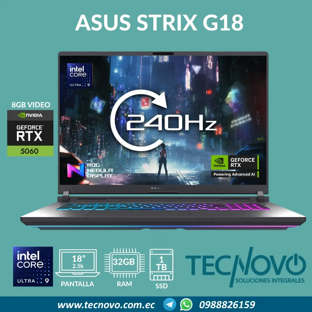 Laptop Asus ROG Strix Scar G18 Intel Core Ultra 9-275HX 32GB 1TB SSD RTX-5060 8GB 18" 2.5K 240Hz