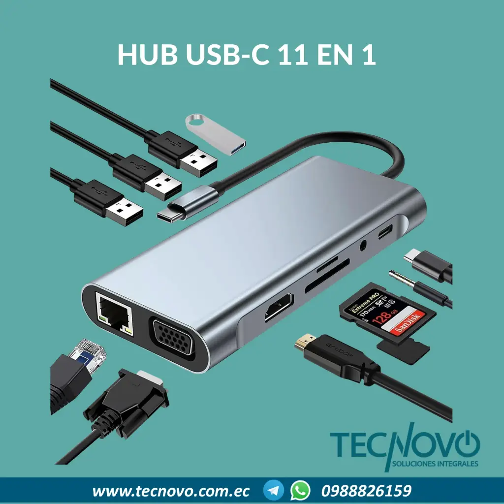 HUB Multipuertos USB-C 11 EN 1 A USB-C, 4USB-3.0, ETHERNET SD, HDMI, VGA, AUDIO