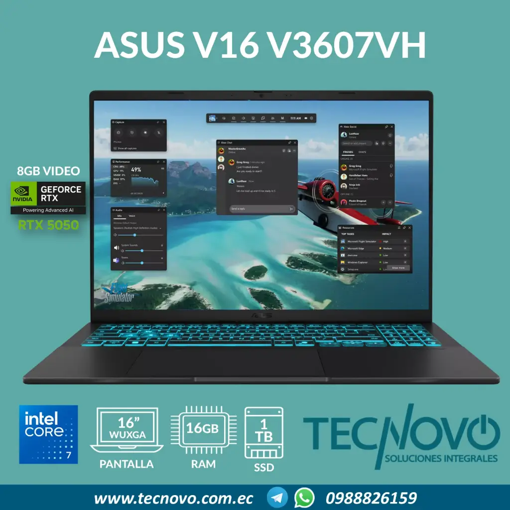 Laptop ASUS V16 V3607VH Intel Core 7-240H 16GB 1TB-SSD RTX-5050 8GB 16" WUXGA 144Hz