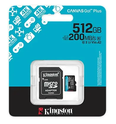 Tarjeta microSD KINGSTON 512GB CANVAS GO PLUS Gen4 200MB/s A2 U3 V30 Card + ADP