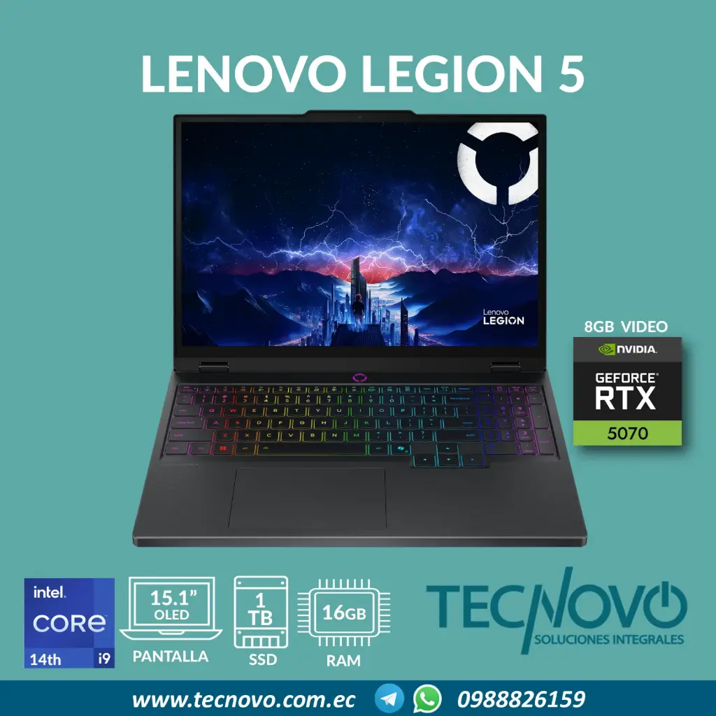 Laptop LENOVO LEGION 5 Intel Core I9-14900HX 16GB 1TB-SSD RTX 5070-8GB 15.1" OLED WQXGA