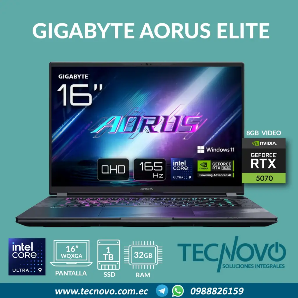 Laptop Gigabyte Aorus Elite 16 Intel Core Ultra 9-275HX 32GB 1TB-SSD RTX 5070-8GB 16" WQXGA