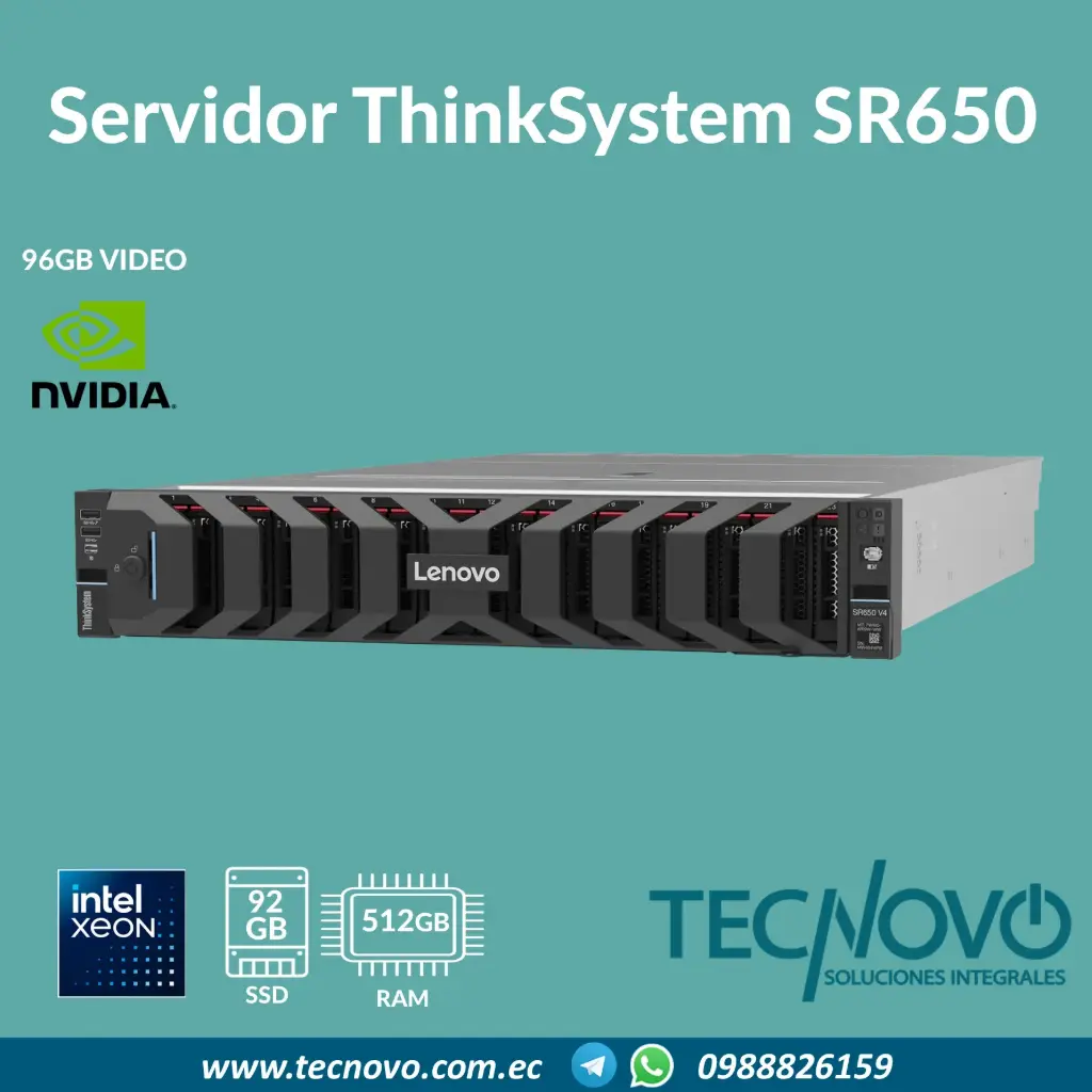 Servidor Lenovo ThinkSystem SR650 V4 Intel Xeon 6517P 16 cores 512GB DDR5 92TB SSD VID-96GB (Controladora) 2UR