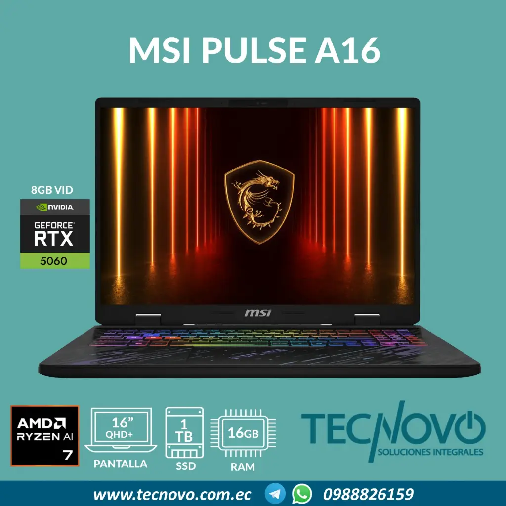 Laptop MSI Pulse A16 AI AMD Ryzen AI 7 350 16GB DDR5 1TB-SSD RTX 5060-8GB 16" QHD+ 240Hz