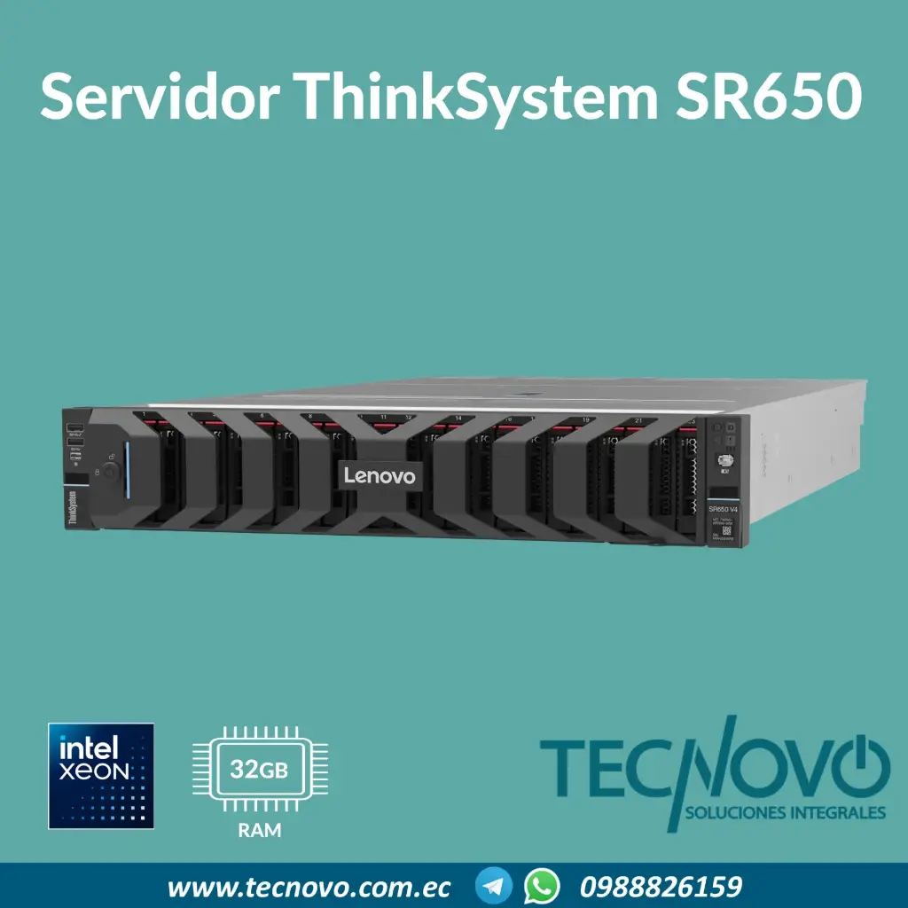 Servidor Lenovo ThinkSystem SR650 V4 Intel Xeon 6505P 12 cores 32GB DDR5 480GB SATA SSD M.2/E1.S SATA/NVMe Hot-Swap RAID 2x800W