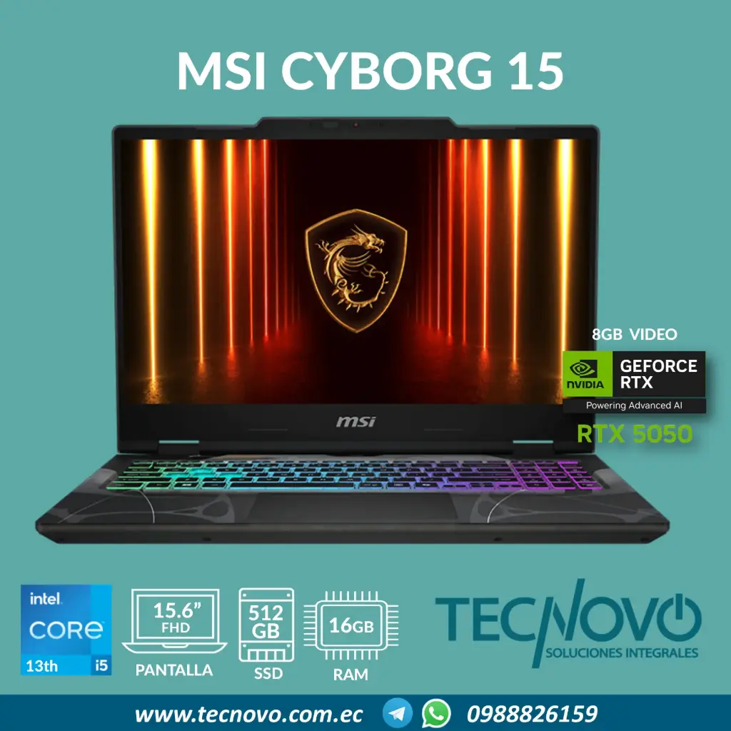 Laptop MSI Cyborg 15 Intel Core I5-13420H 16GB 512GB-SSD RTX 5050-8GB 15.6" FHD 144Hz