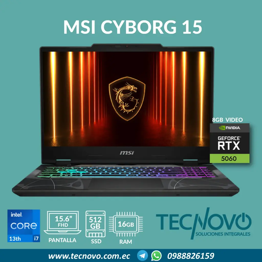Laptop MSI Cyborg 15 Intel Core I7-13620H 16GB  512GB-SSD RTX 5060-8GB 15.6" FHD 144Hz