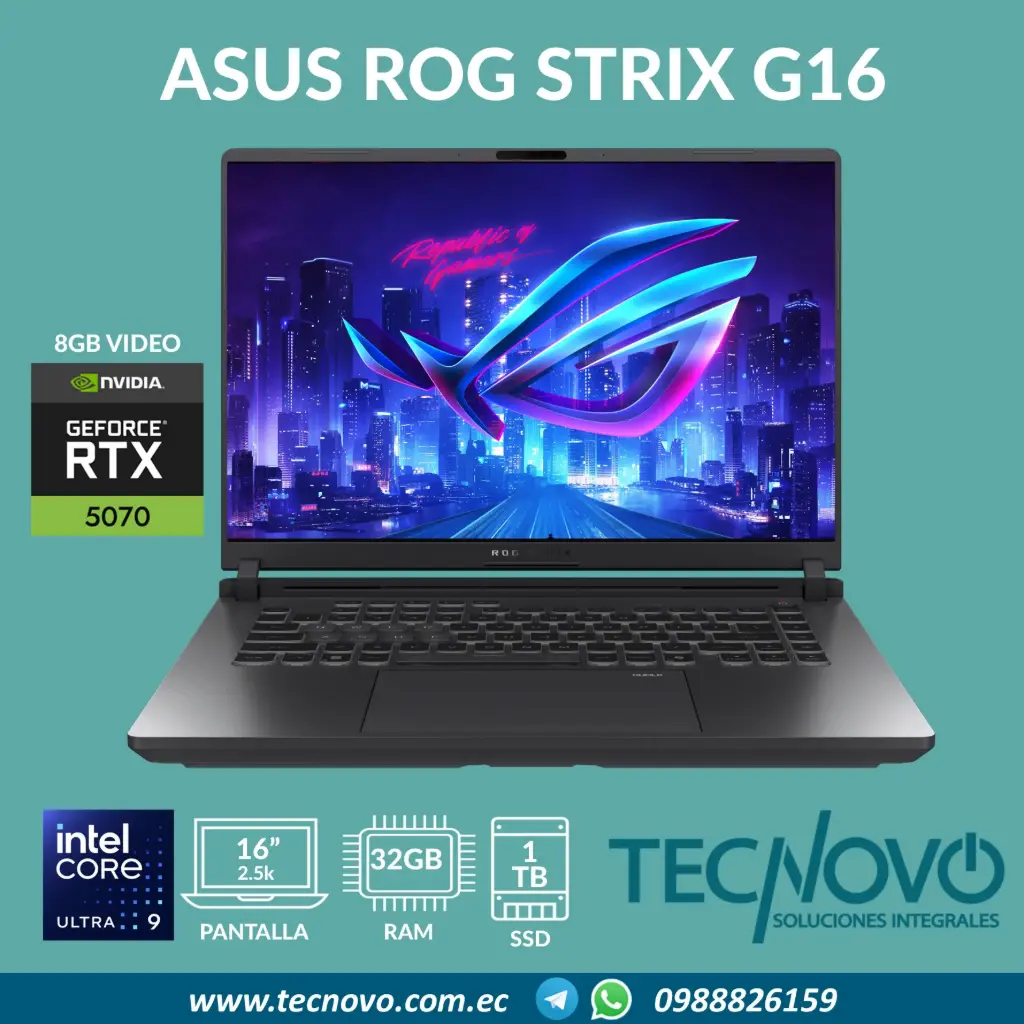 Laptop ASUS ROG Strix G16 Intel Core Ultra 9 275HX 32GB 1TB RTX-5070 Ti 8GB 16" 2.5K 165HZ