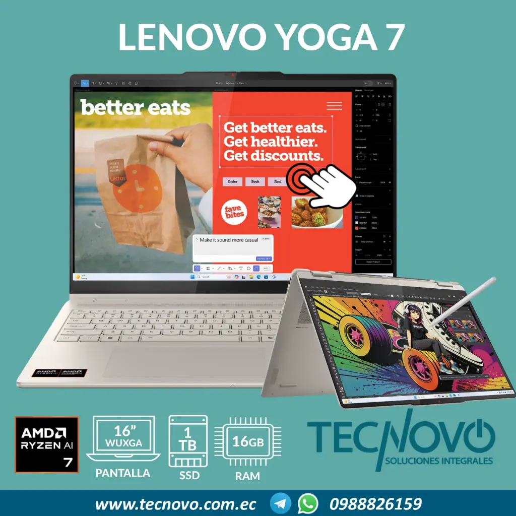 Laptop Lenovo Yoga 7 2 EN 1 AMD Ryzen AI 7 350 16GB 1TB SSD 16" WUXGA TACTIL + LAPIZ