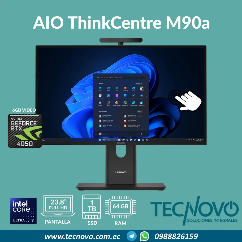 Computador AIO Lenovo ThinkCentre M90a Gen 6 Intel Core 7 265 64GB 1TB-SSD VID-6GB RTX 4050 23.8" FHD TOUCH