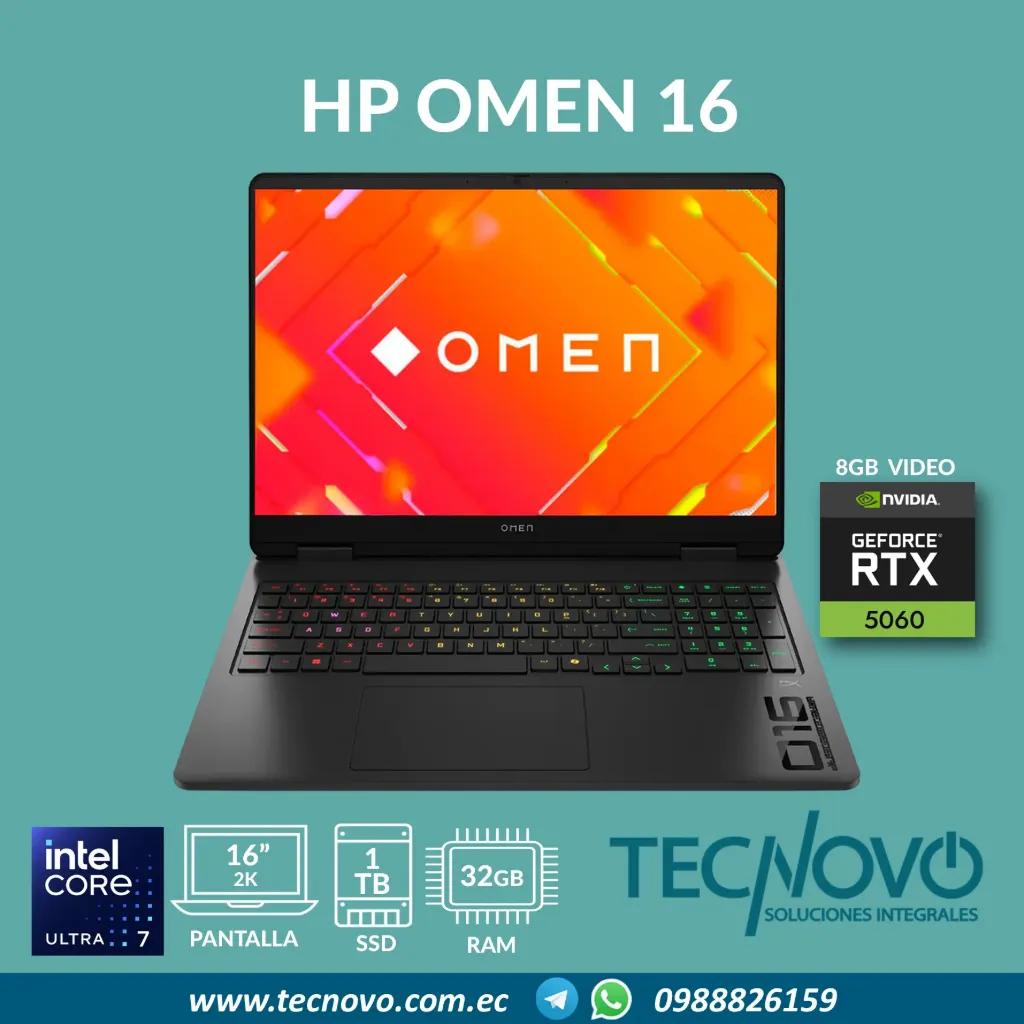 Laptop HP Omen 16-am0073dx Intel Core Ultra 7 255H 32GB 1TB SSD RTX-5060 8GB 16" 2k 144Hz