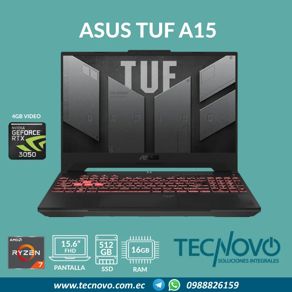 Laptop ASUS TUF Gaming A15 AMD Ryzen 7 170 (7735HS) 16GB 512GB SSD RTX-3050 4GB 15.6" FHD + MOCHILA