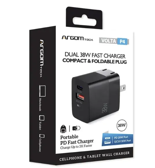 Cargador ARGOM AC-0122BK 38W Dual Tipo C y USB